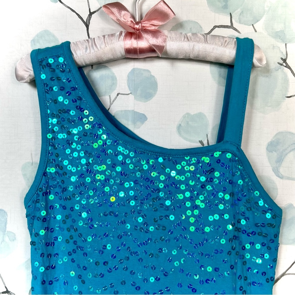 Justice Kids Turquoise Aqua Blue Dress Sequin Party Dress-up Floral Ruffled Lace - Picture 3 of 15